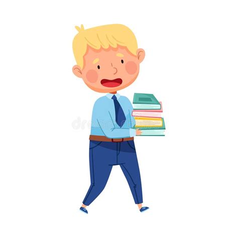 Cute Schoolboy In Blue Uniform Carrying Pile Of Pupil Books Vector