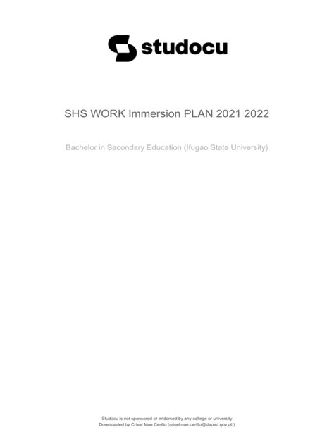 Shs Work Immersion Plan 2021 2022