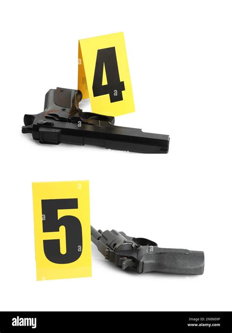 Crime Scene Investigation Evidence Identification Markers And Guns On White Background Stock