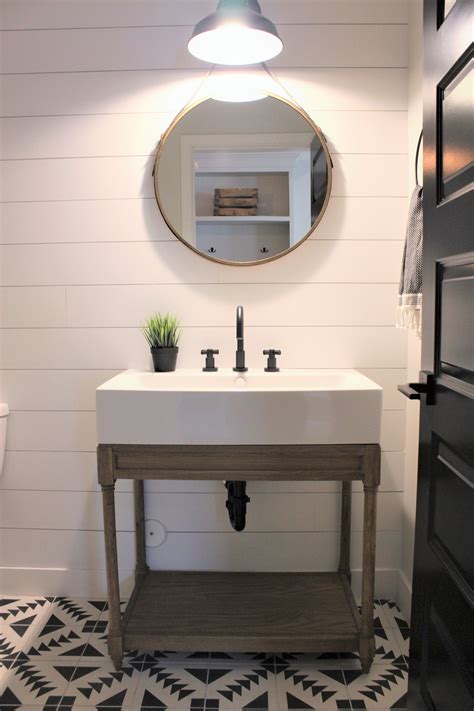 This bathroom features benjamin moore's seapearl on the walls. MODERN FARMHOUSE BY RAFTERHOUSE . SHIPLAP WALLS . POWDER ...