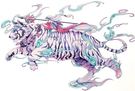 A Drawing Of A Man Riding On The Back Of A White Tiger