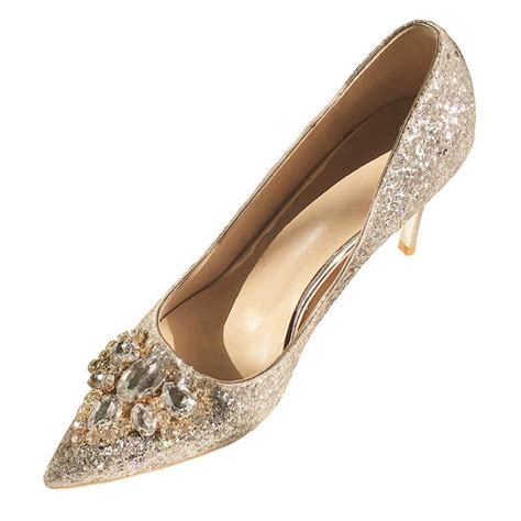 Womens Sparkly Wedding Shoes Gold Rhinestone Bead Bridal High Heel