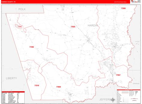 Hardin County Tx Zip Code Wall Map Red Line Style By Marketmaps