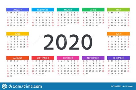 2020 Calendar Vector Illustration Template Year Planner Stock Vector