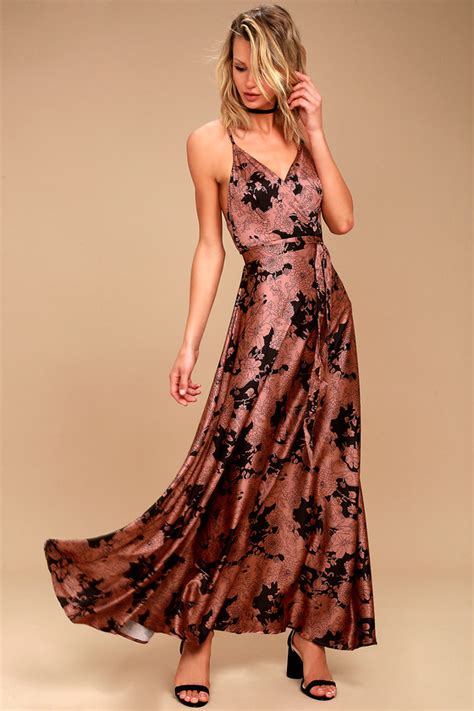 Sexy Satin Maxi Dress Floral Print Maxi Rusty Rose Dress Lulus