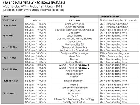 Year 12 Half Yearly Exam Timetable