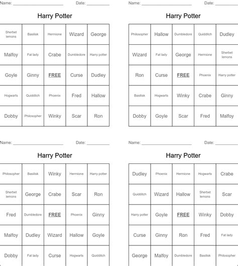 Harry Potter Bingo Cards Printable