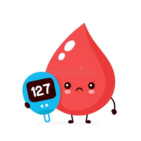 Cute Sad Blood Drop With Glucose Measuring Stock Vector Illustration