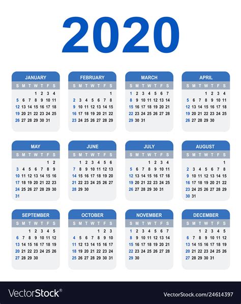 Calendar 2020 Week Starts On Sunday Basic Blue Vector Image
