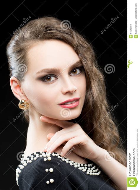 Portrait Of Beautiful Brunette Woman In Black Stock Image Image Of Beautiful Closeup 64019059
