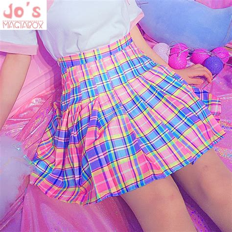 Harajuku Plaid Pleated Skirt High Waist Casual Rainbow A Line Skirt