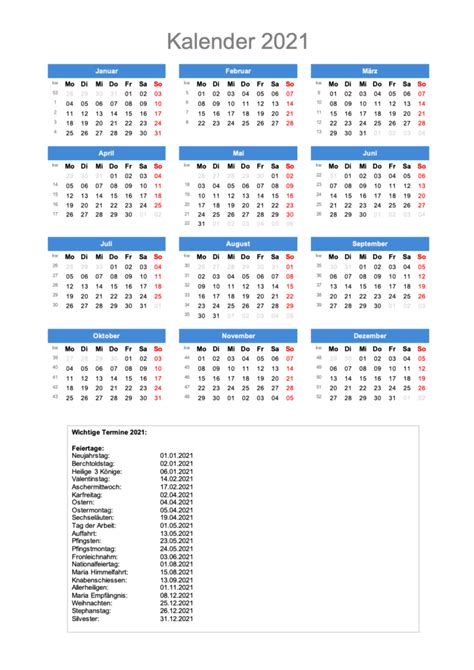 Kalender 2021 Mit Feiertagezum Ausdrucken Kostenlos Jahreskalender