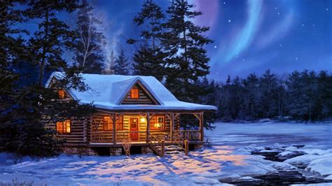 Aurora Borealis Over Winter Cabin