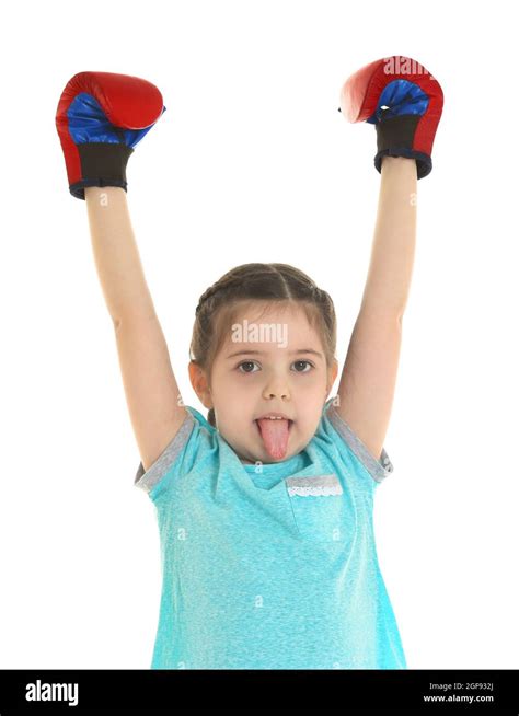 Little Cute Girl With Red Boxing Gloves Isolated On White Stock Photo