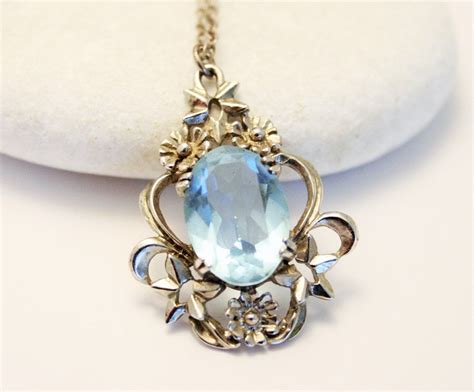 Vintage Blue Topaz Necklace Sterling Silver Pendant Gemstone Pendant
