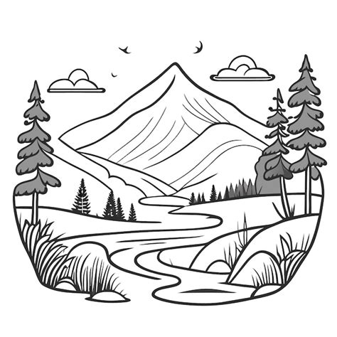 Scène De La Nature Avec Rivière Et Collines Forêt Et Montagne
