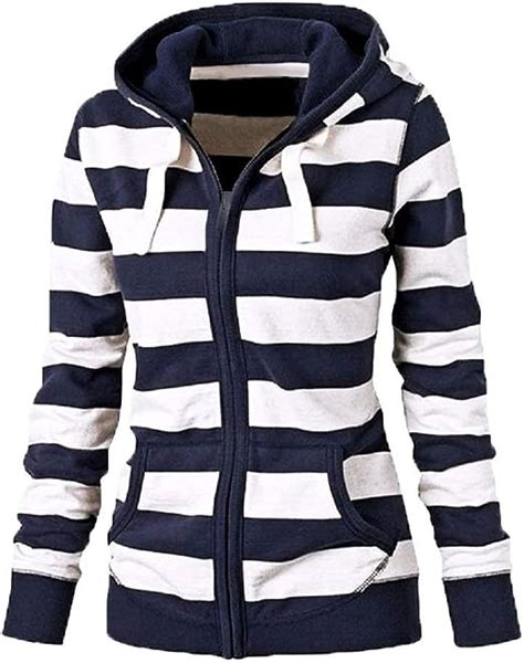 Ladies Striped Hoodie Zipper Hoodie Essential Sleeved Long Sweatshirt