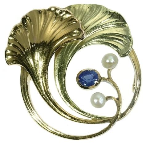 Art Nouveau Two Tone Gold Leaf Brooch With Sapphire And Pearls