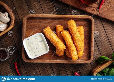 Deep Fried Mozzarella Cheese Sticks With Sauce Stock Photo Image Of