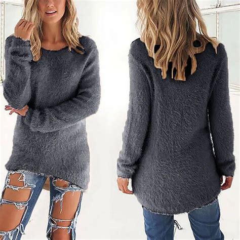 Fashion Womens Sweater Long Sleeved Pullover Casual Loose Basic Solid Color V Casual Sweaters