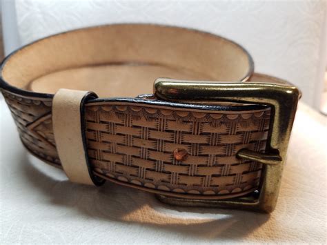 Handmade Leather Mens Belt Hand Tooled Basketweave Pattern Etsy