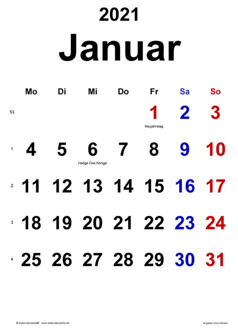 Kalender Januar 2021 Als Excel Vorlagen