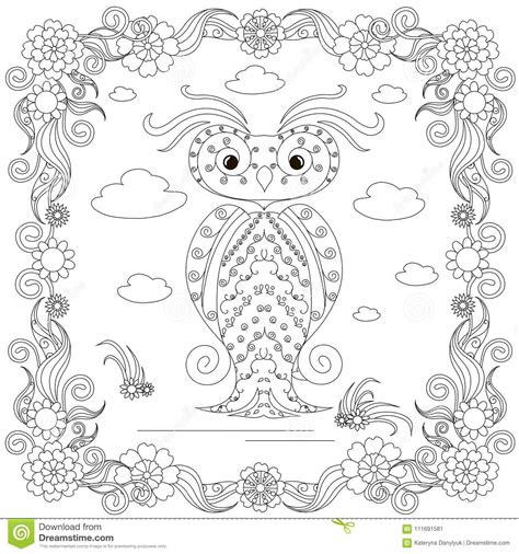 Zentangle Style Owl In Flower Frame Monochrome Sketch