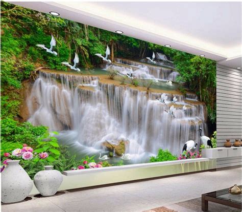 Custom Mural Photo 3d Wallpaper Waterfall River Forest White Crane Tv