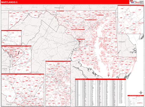 Maryland Zip Code Wall Map Red Line Style By Marketmaps