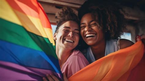 premium ai image two lesbian girls with rainbow flag happily smiling and celebrating deeply in