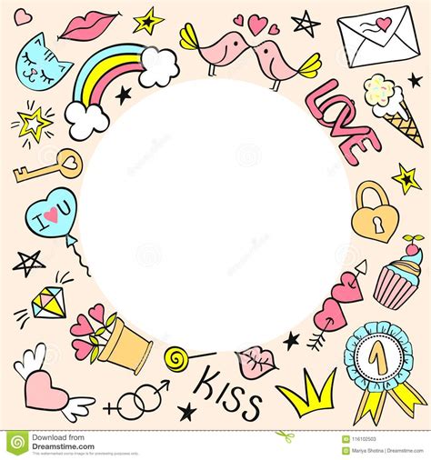 Round Frame With Hand Drawn Girly Doodles Stock Vector Illustration