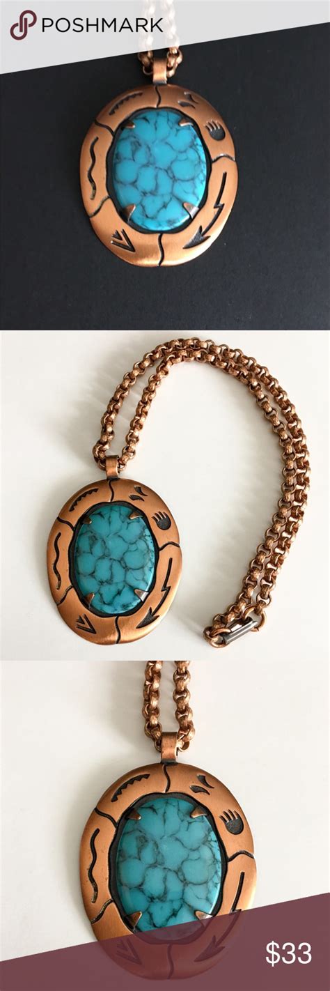 Solid Copper Pendant Necklace W Turquoise Boho Vintage Accessories
