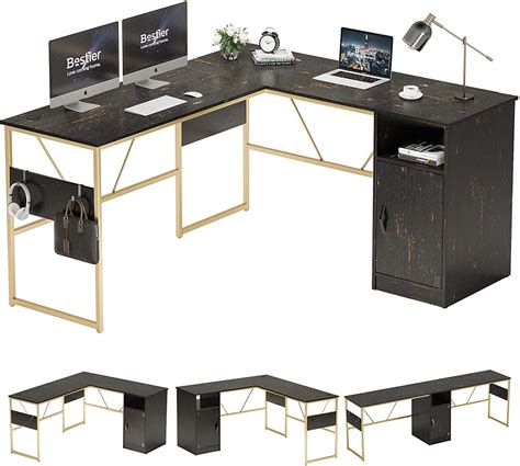 Bestier 60 Inches L Shaped Computer Desk With Storage Cabinet Corner