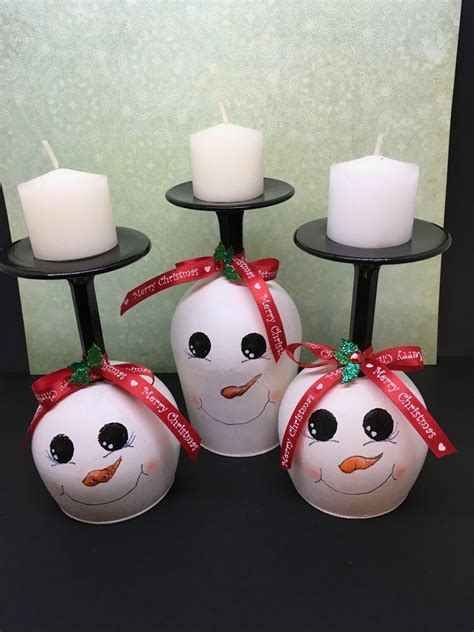 Candle Holder Stemware Up Cycled Hand Painted Snowman Tealight Holiday
