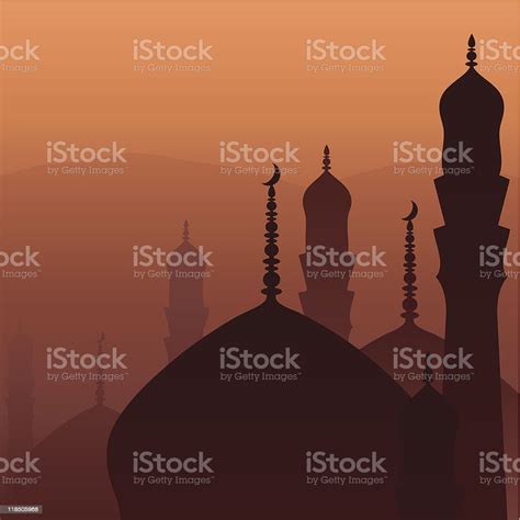 Image Of Silhouettes Of Tops Of Arabian Buildings At Sunset Stock