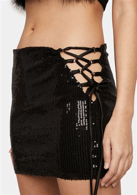 Edikted Sequin Lace Up Mini Skirt Black Dolls Kill