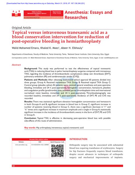 Pdf Topical Versus Intravenous Tranexamic Acid As A Blood