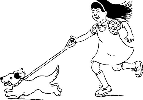 Girl Taking Her Dog For A Walk Coloring Page