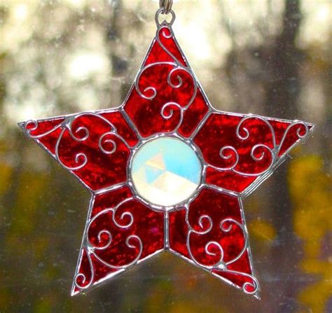 Ruby Red Filigree Stained Glass Star Ornament Suncatcher Etsy Glass