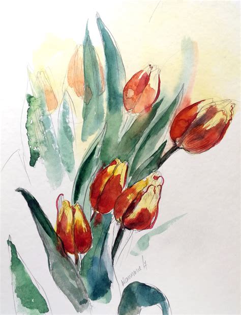 Watercolour Tulips Painting Original Watercolor Painting Art