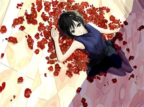 Hd Wallpaper Anime Girl Lying Down Red Flowers Short Hair One