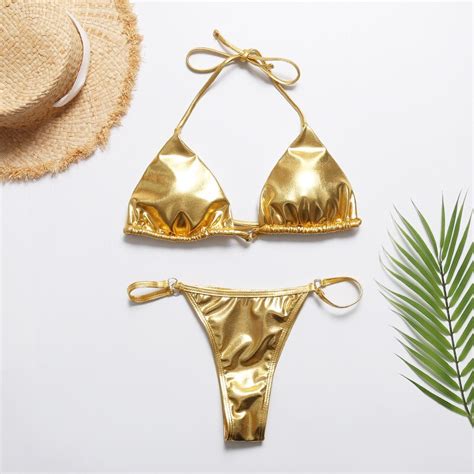 2019 Summer Sexy Women Gold Micro Triangle Bikini Sets Women Bright