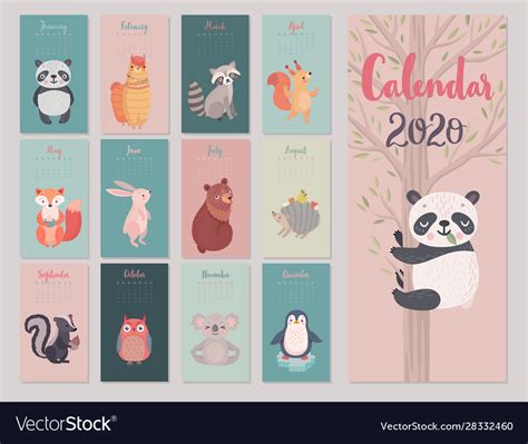 Calendar 2020 With Animals Cute Forest Royalty Free Vector