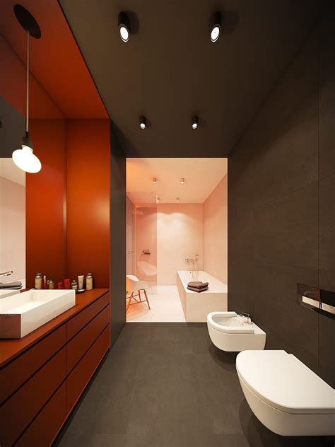 Gorgeous Contemporary Home With Autumnal Hued Decor Orange Bathroom