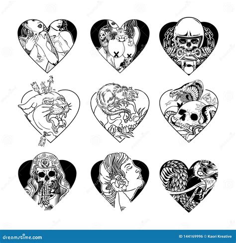 Heart Tattoo Set Flash Old School Tattoo Stock Vector Illustration Of
