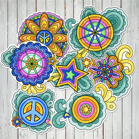 Hippie 60s Flowers Sticker Set Scrapbook And Planner Sticker Set Of