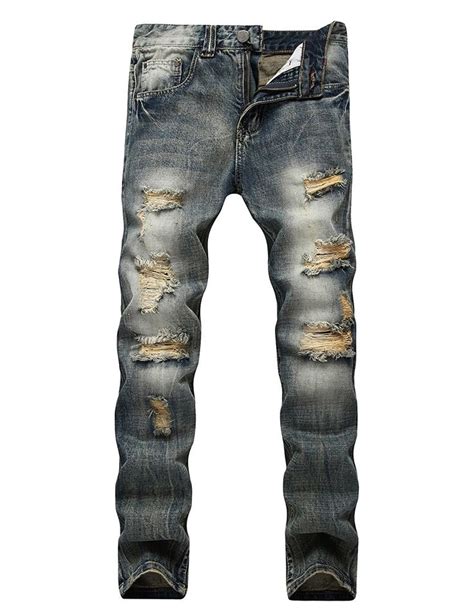 Men S Ripped Distressed Destroyed Straight Fit Washed Denim Jeans Vintage Blue Cd186stlaln