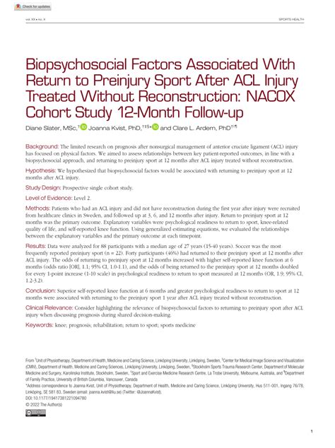Pdf Biopsychosocial Factors Associated With Return To Preinjury Sport After Acl Injury Treated