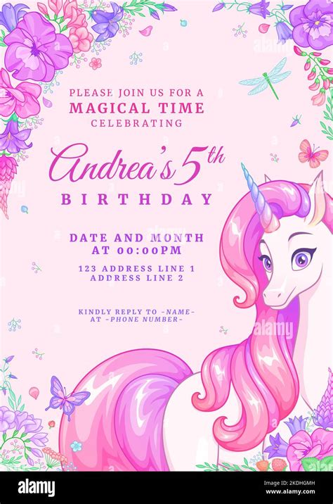 Birthday Party Invitation Template With Unicorn Butterflies And