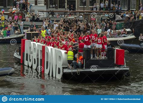 de nederlandsche bank boat at the gay pride amsterdam the netherlands 2019 9 editorial stock